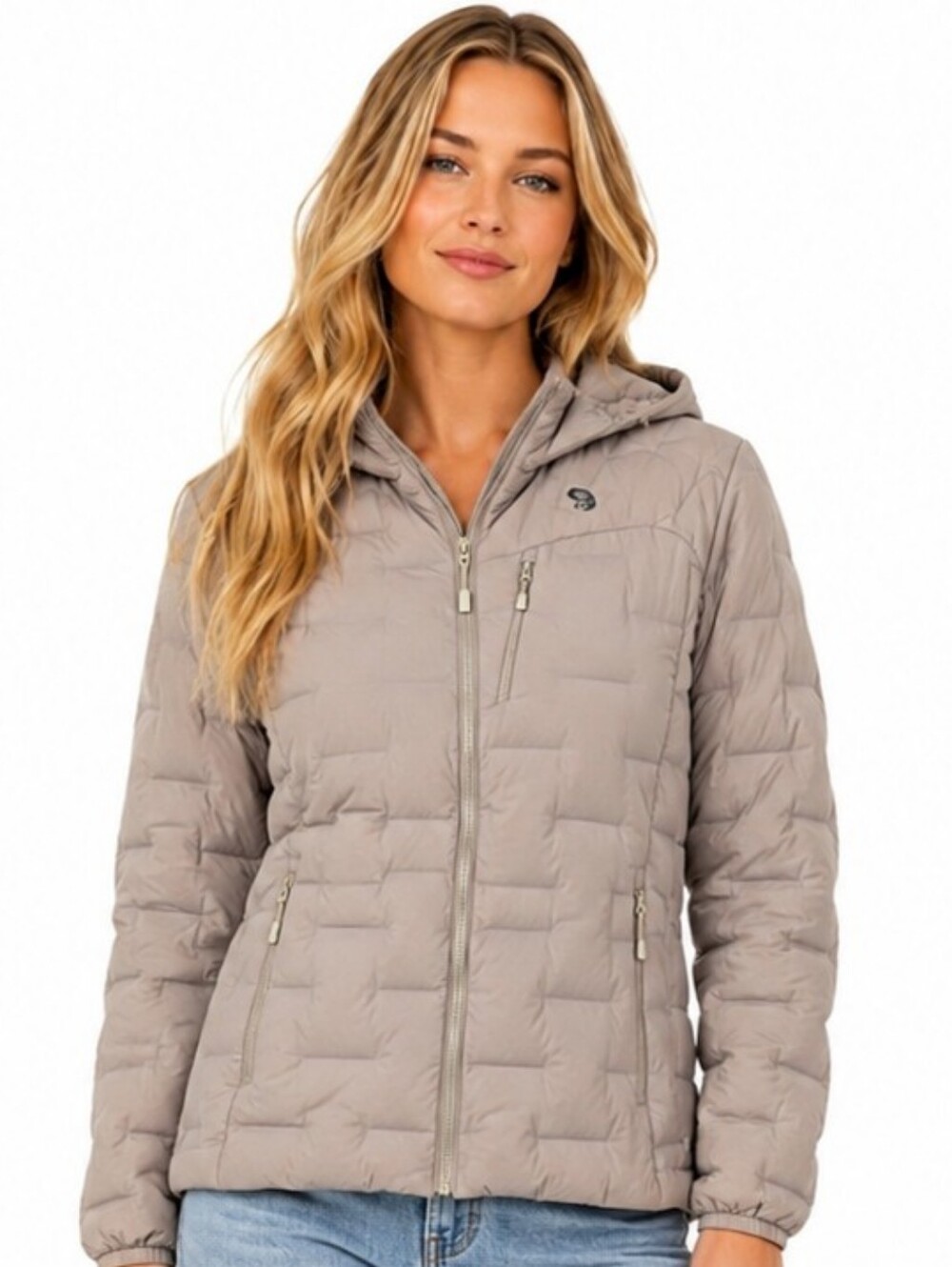 Mountain Hardwear StretchDown Hooded Down Puffer Jacket Women's M Taupe EUC